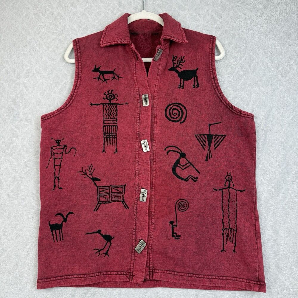 Vtg Bfofo Designs Vest M/L? Red Tribal Cave Art to Wear Aztec Southwestern Boho